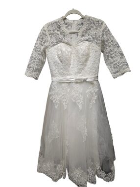 Abaowedding V Neck Lace Tea Length Wedding Dress with Quarter Sleeve Sz.10